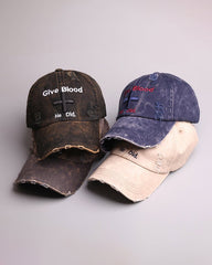 Distressed 'Give Blood He Did' Baseball Cap with Cross Design – Streetwear Style