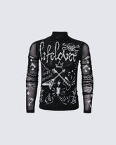 Gothic Rock Graphic Sheer Mesh Long Sleeve Tee