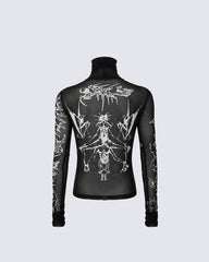 Gothic Mesh Long Sleeve Top with Graphic Print