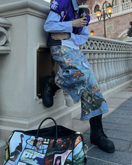 Cartoon Graffiti Print Straight Denim Shorts