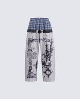 Graphic Print Patchwork Casual Wide Leg Pants