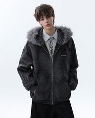 Striped Hoodie Jacket with Fur Trim