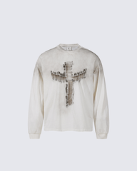 Distressed Cross Graphic Long Sleeve T-Shirt