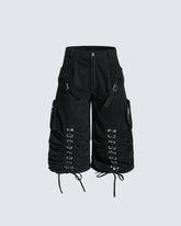 Distressed Cargo Wide-Leg Pants with Straps