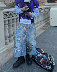 Cartoon Graffiti Print Straight Denim Shorts