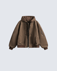 Black Leather Bomber Hoodie Jacket