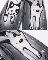 American High-Street Hand-Drawn Cat Print Scimitar Pants