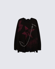 Punk Star Chain Distressed Knit Sweater