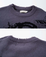 American Retro Skull Jacquard Raw-Edge Long-Sleeve Sweater