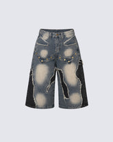 American-Style Distressed Washed Color-Blocked Ripped Capri Pants