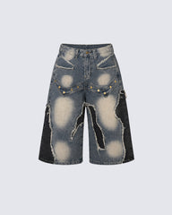 American-Style Distressed Washed Color-Blocked Ripped Capri Pants