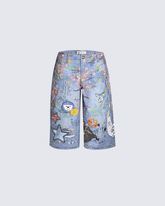 Cartoon Graffiti Print Straight Denim Shorts