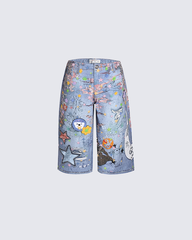Cartoon Graffiti Print Straight Denim Shorts