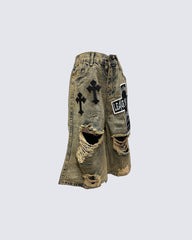 Distressed Gothic Patchwork Denim Shorts with Chains