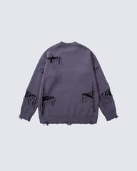 American Retro Skull Jacquard Raw-Edge Long-Sleeve Sweater