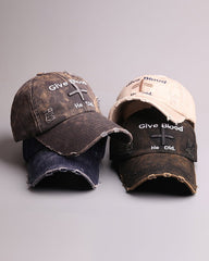 Distressed 'Give Blood He Did' Baseball Cap with Cross Design – Streetwear Style