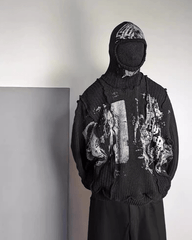 Punk Graphic Distressed Knit Hoodie