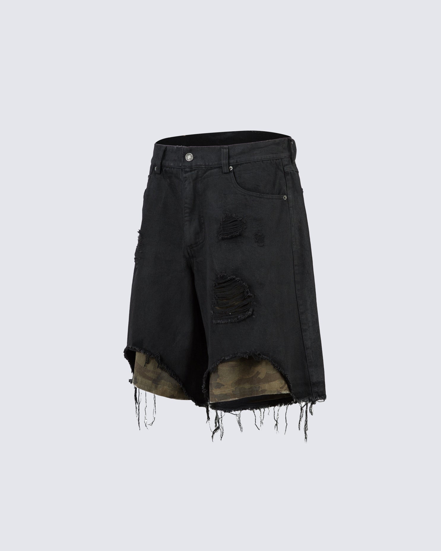 Distressed Black Denim Shorts with Camouflage Inner Layer