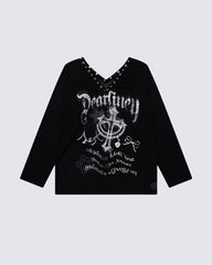 Gothic Printed Long Sleeve Top with Studded Neckline