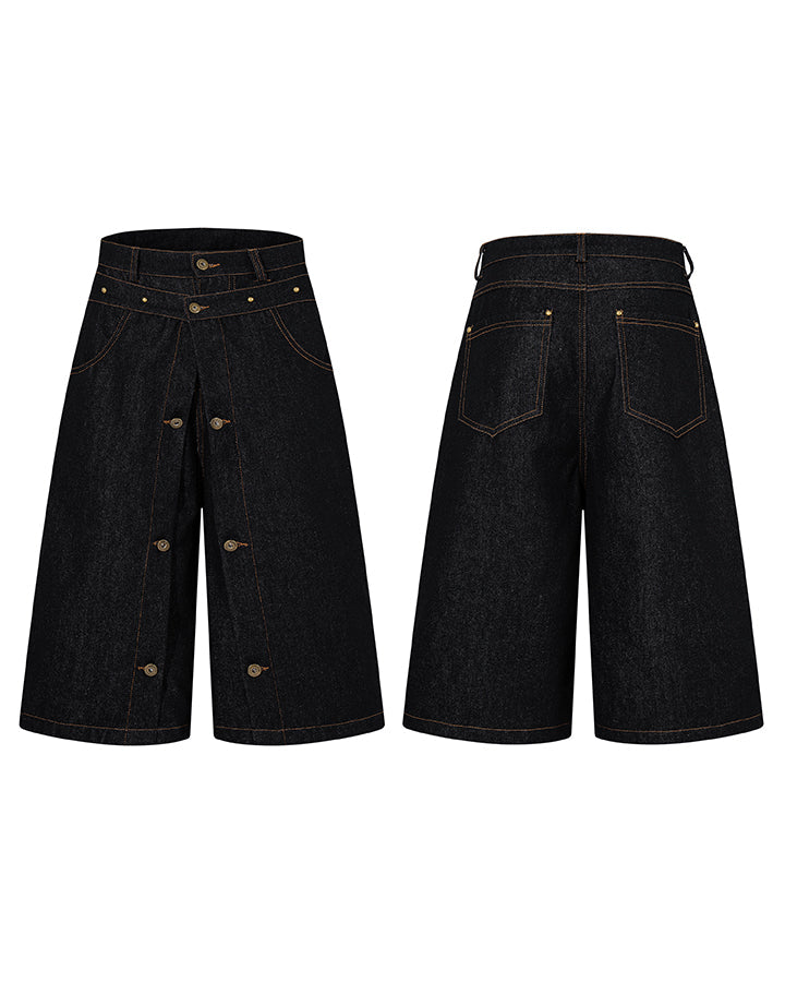 American Deconstructed Wide Leg Denim Shorts