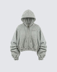 LOW SATURATION-Distressed Cropped Zip-Up Hoodie