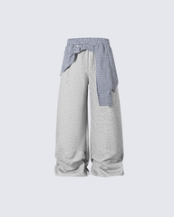Plaid Shirt-Waist Wide-Leg Sweatpants