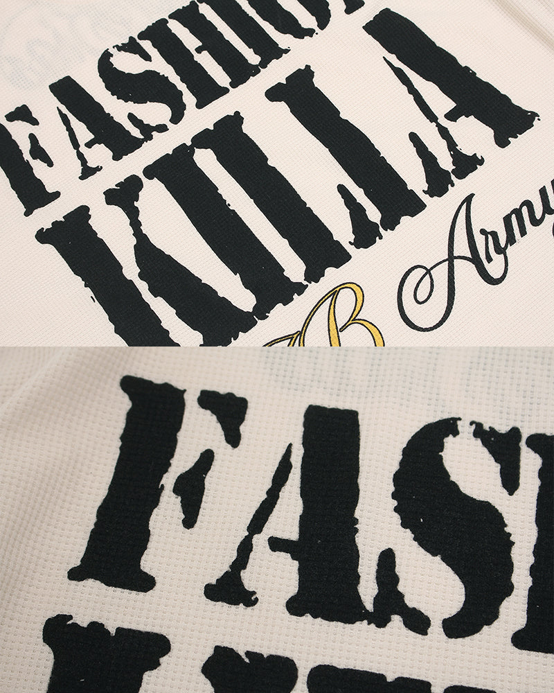 American Vintage Letter Print Waffle Long Sleeve T-Shirt