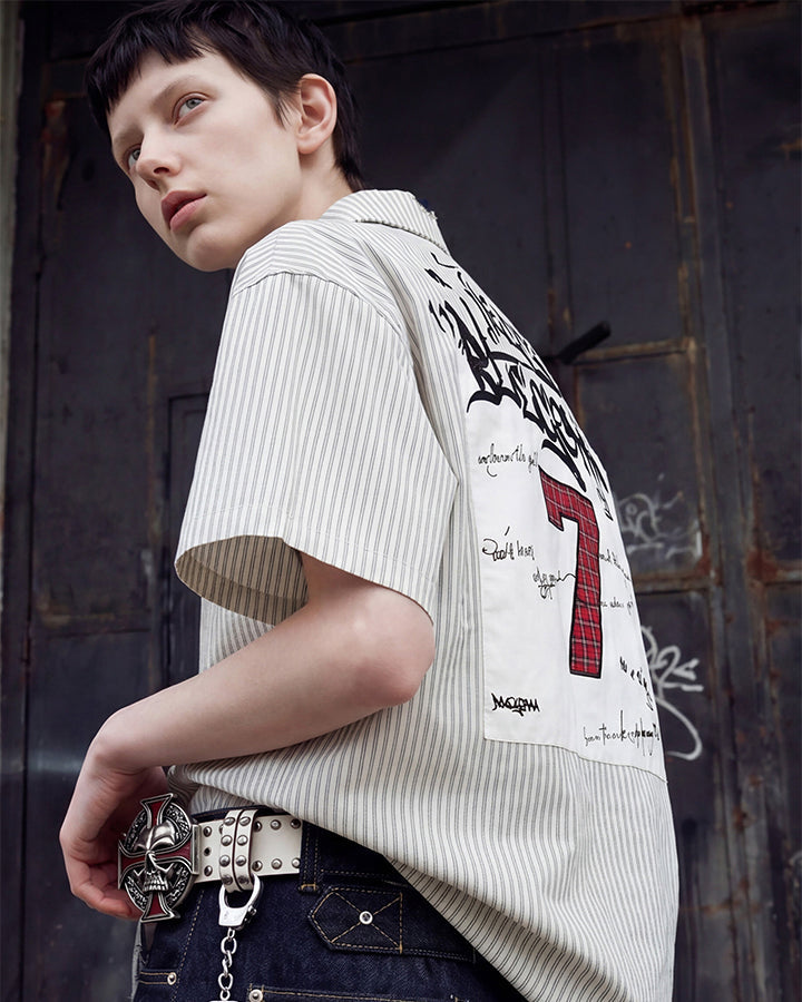 Y2K Embroidered Patch Print Turn-Down Short Sleeve Shirt