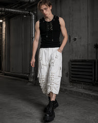Distressed Cargo Wide-Leg Pants with Straps
