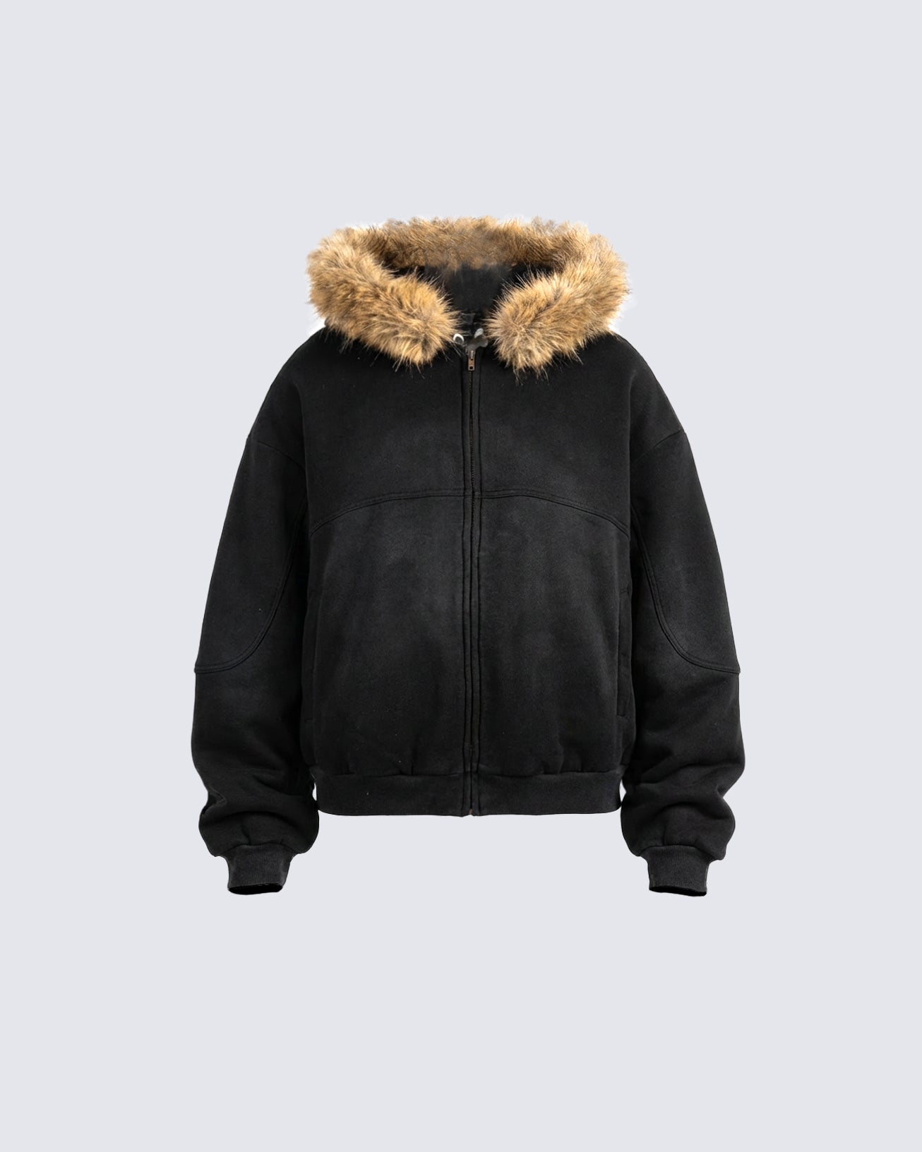 Boxy Zip Fur Collar Hoodie