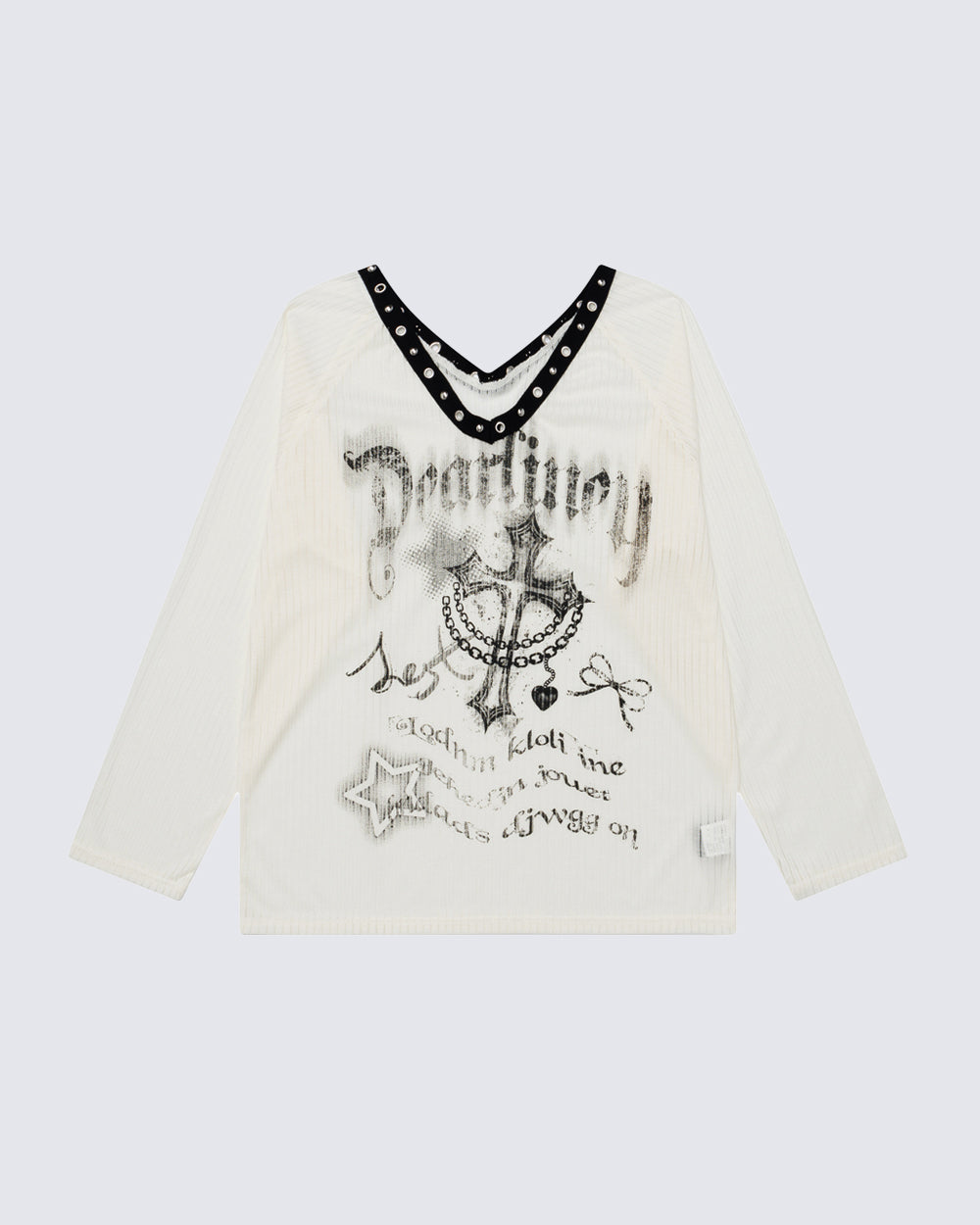 Gothic Printed Long Sleeve Top with Studded Neckline