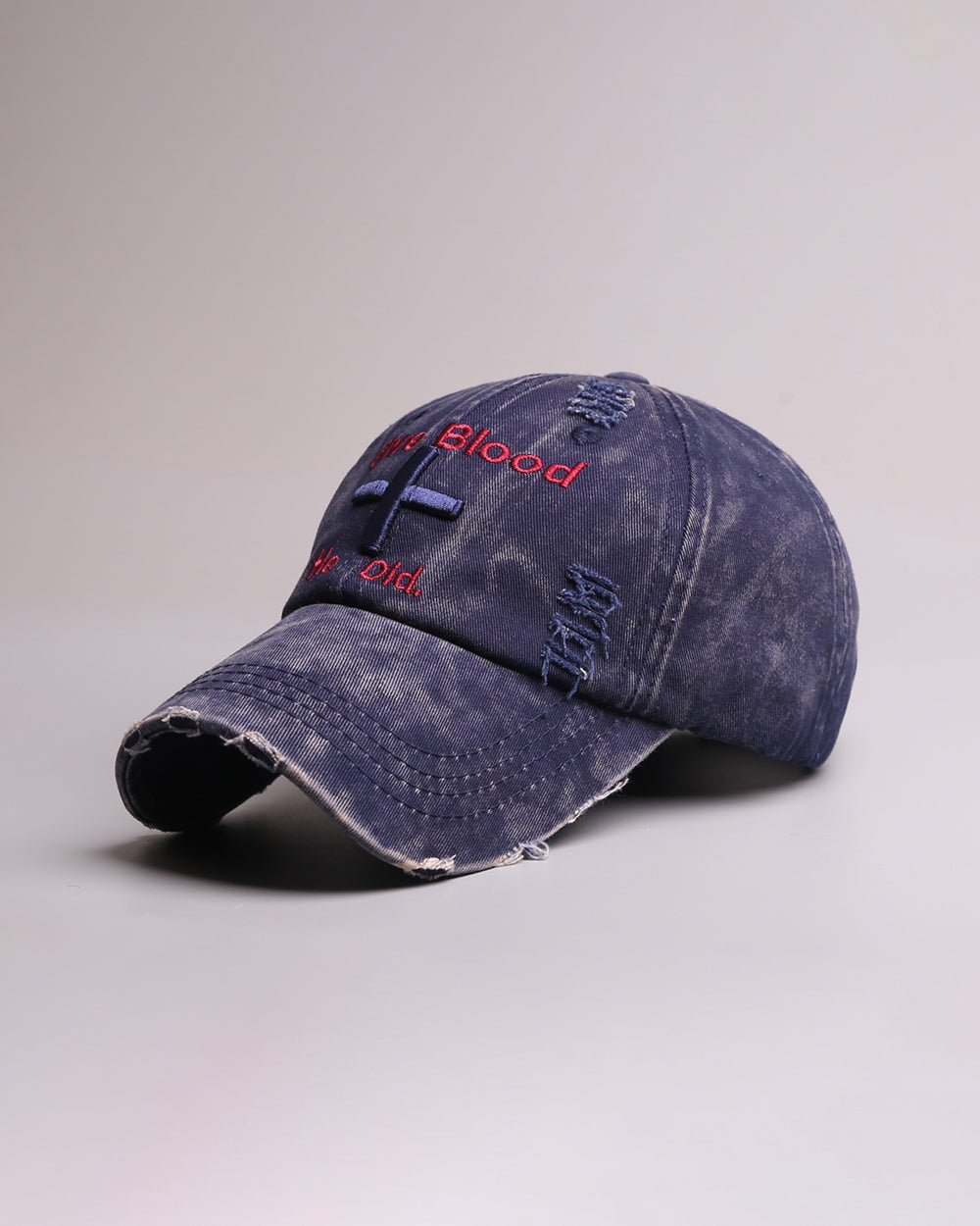 Distressed 'Give Blood He Did' Baseball Cap with Cross Design – Streetwear Style