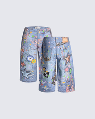 Cartoon Graffiti Print Straight Denim Shorts