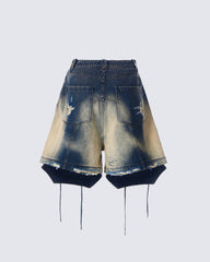 Distressed Lace-Up Washed Denim Shorts New