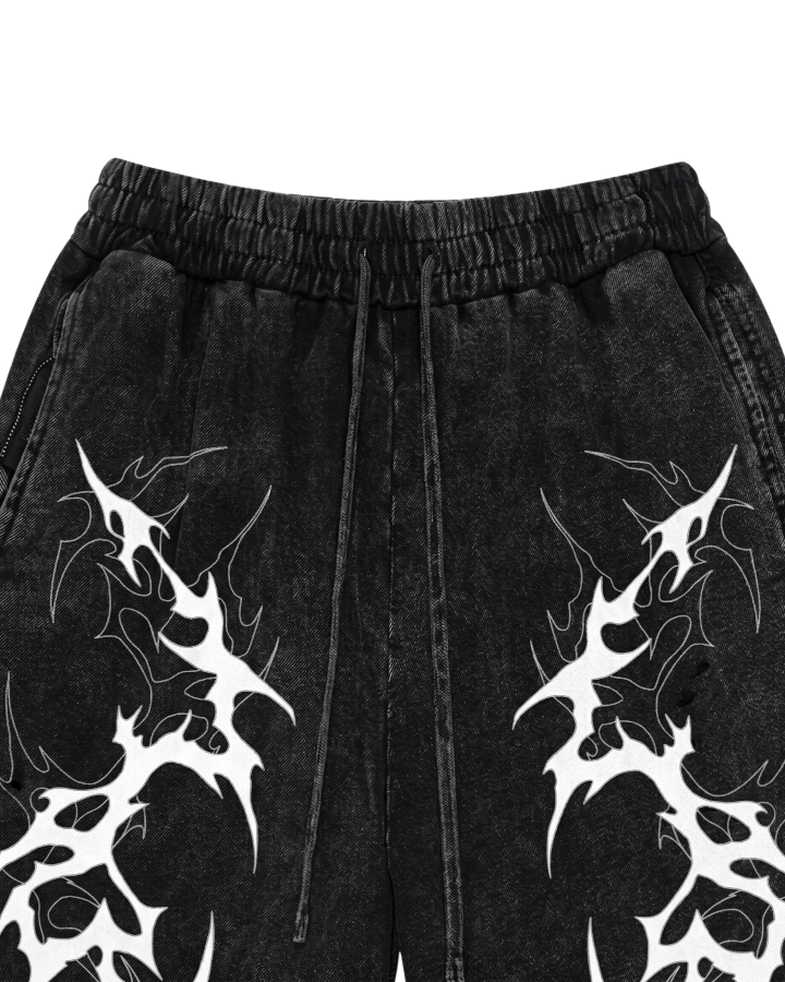 Tribal Graphic Black Denim Shorts