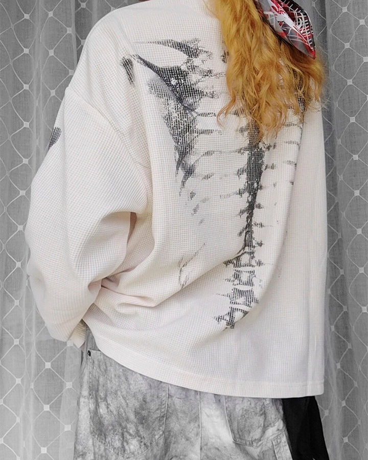 KIIKIO Skull Print Waffle Long Sleeve T-Shirt