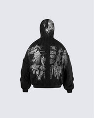 Punk Graphic Distressed Knit Hoodie