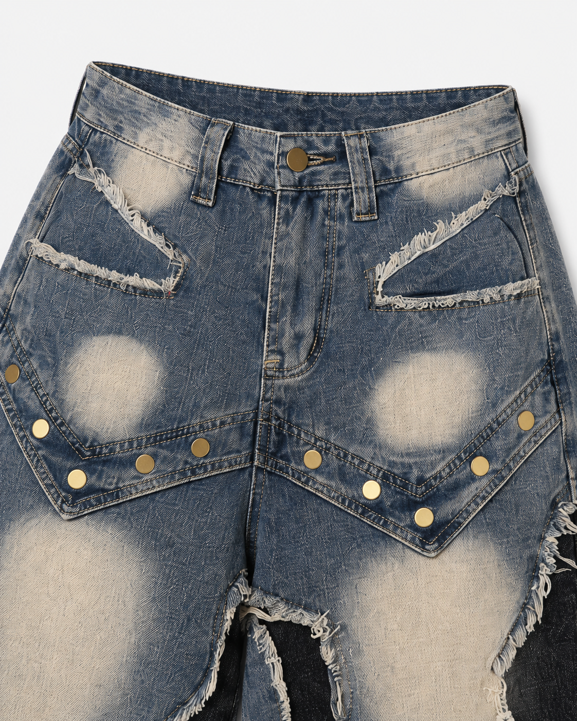 American-Style Distressed Washed Color-Blocked Ripped Capri Pants