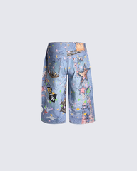 Cartoon Graffiti Print Straight Denim Shorts