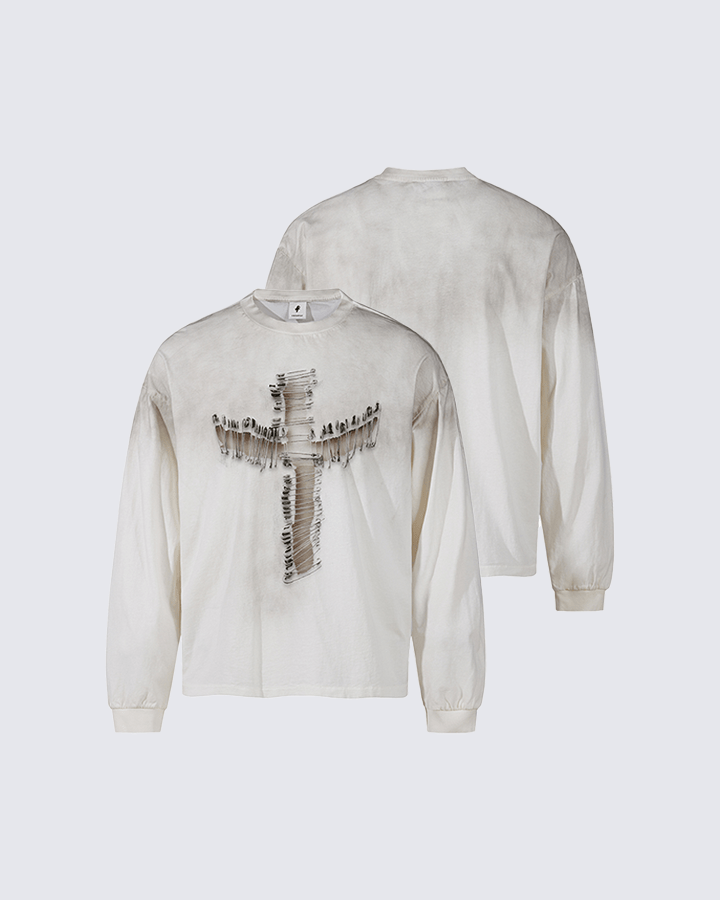 Distressed Cross Graphic Long Sleeve T-Shirt