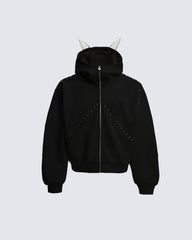 Horned Studded Zip-Up Hoodie with Ear Detail
