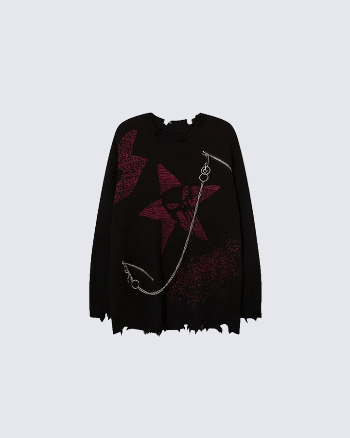 Punk Star Chain Distressed Knit Sweater