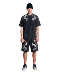 Tribal Graphic Black Denim Shorts