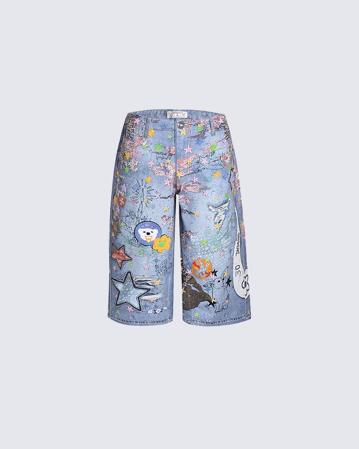 Cartoon Graffiti Print Straight Denim Shorts