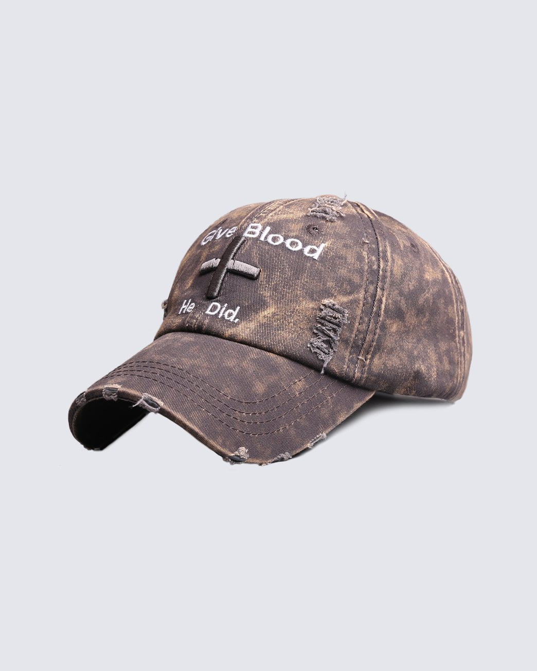 Distressed 'Give Blood He Did' Baseball Cap with Cross Design – Streetwear Style